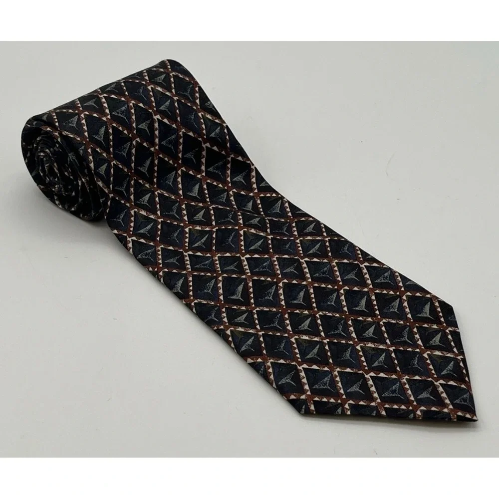 PIERRE BALMAIN Couture Tie‎ Mens OS Navy Blue Brown Geometric Silk Made in Italy
